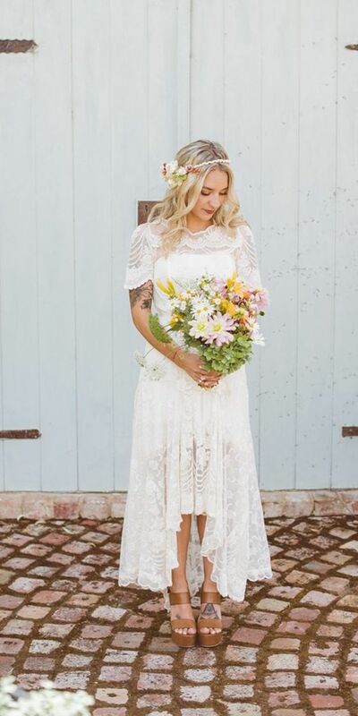 Simple Hi-lo Lace Beach Boho Wedding Dress Bridal Gown