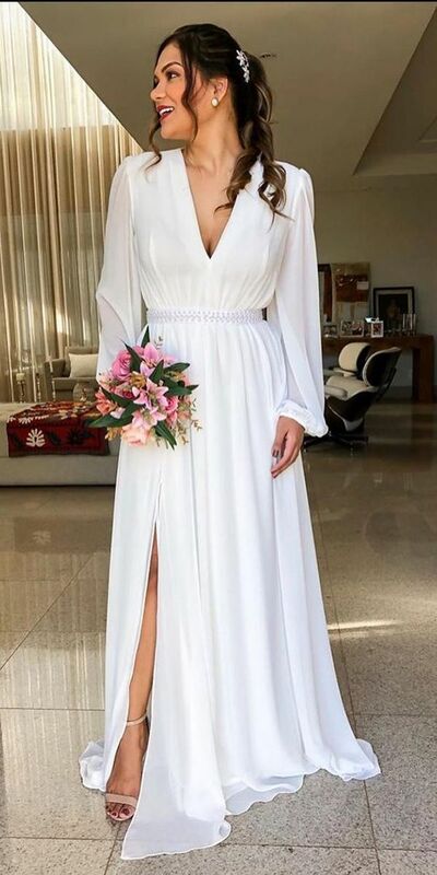 Simple A Line Chiffon Beach Boho Wedding Dress Bridal Gown