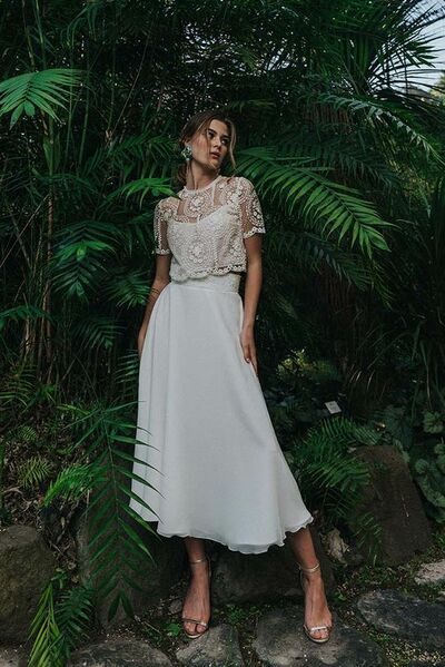 Two Pieces Lace Tea-length Beach Boho Wedding Dress Bridal Gown