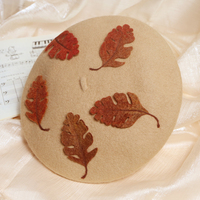 Cute Handmade Classic Khaki Autumn Leaves Fall Girl Wool Beret Hat - Thumbnail 1