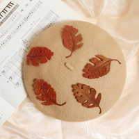 Cute Handmade Classic Khaki Autumn Leaves Fall Girl Wool Beret Hat - Thumbnail 2