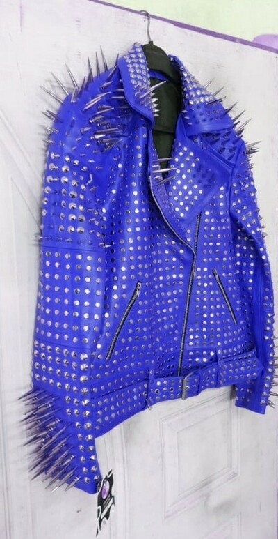 Blue Classy Emo Style Leather Gothic Studded Jacket with Silver Studs and Spikes