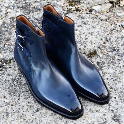 Double Monk Strap Blue Leather Jodhpur Boot