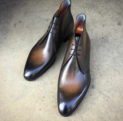 Handmade Men Black Patina Leather Chukka Boot