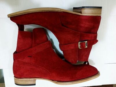 Handmade Red Suede Leather Jodhpur Style Buckle Boot