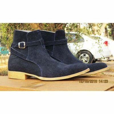 Handcrafted Blue Suede Leather High Ankle Jodhpur Rounded Buckle Strap Men Boots