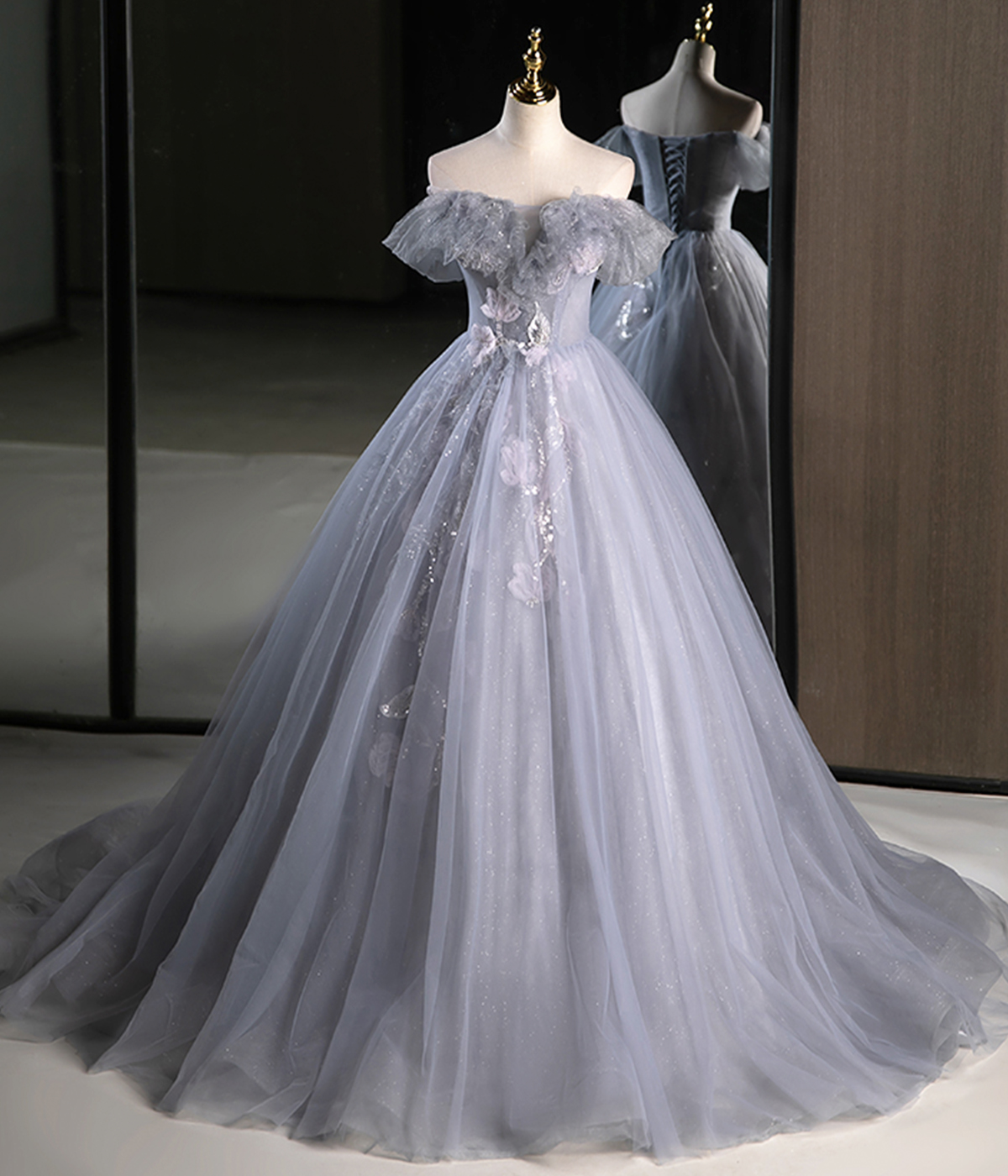 Gray Off the Shoulder Tulle Long Prom Dress, A-Line Beautiful Evening Party Dress