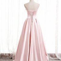 Simple Pink Satin Long Prom Dress Pink Bridesmaid Dress - Thumbnail 1