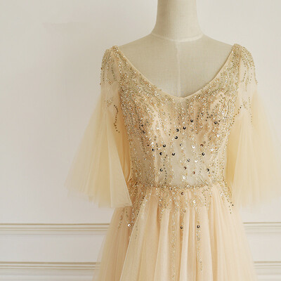 Gorgeous Tulle Champagne Prom Dress With Beadings, A-line Long Formal Gown