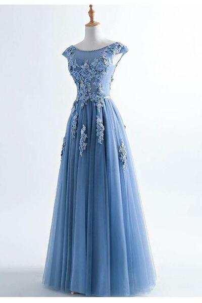 Elegant Lace Appliques Cap Sleeves Tulle Formal Prom Dress,