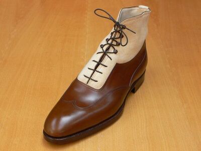 Brown Leather and White Suede Wingtip Lace up Ankle High Boot