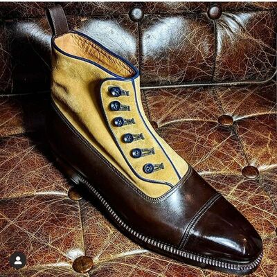 Men Dark Brown and Suede Leather Ankle High Dress Button Boot