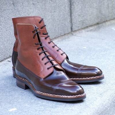 Handmade Men Derby Cordovan and Calf Ankle High Lace up Boot