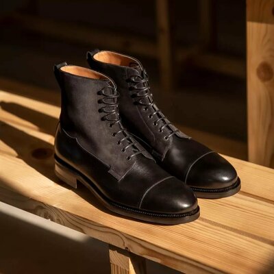 Handmade Black / Calf Suede Leather Ankle High Boot, Mens Lace up Boot , Dress Boot