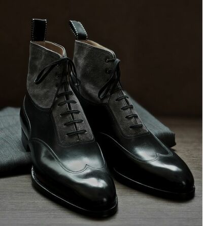 Black Leather and Grey Suede Ankle High Lace up Balmoral Boot