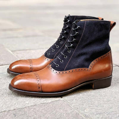 Antic Cognac Calf / Navy Suede Ankle High Lace up Boot