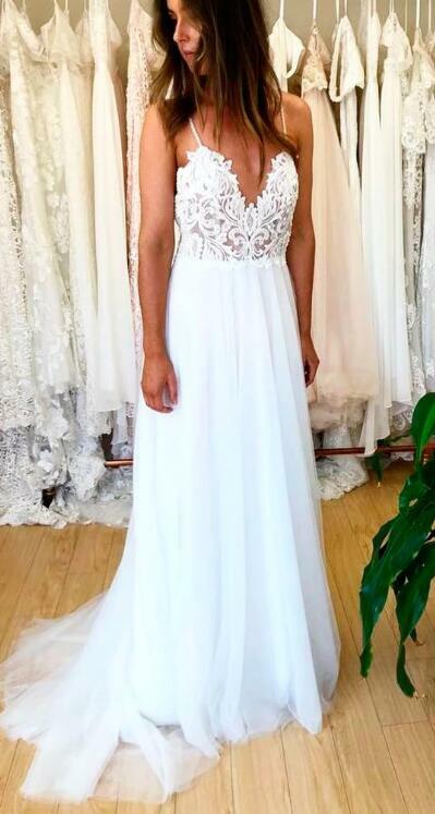 Informal Spaghetti Straps Bohemian Wedding Dress,565