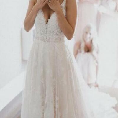 A line v-neckline lace wedding dress,568 - Thumbnail 1