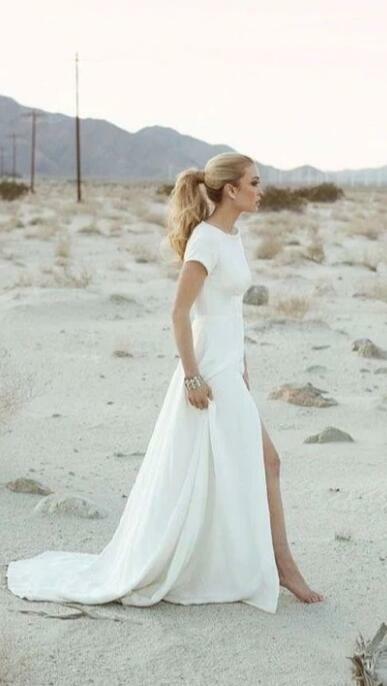 Simple Short Sleeve Sexy Low Back Wedding Dress,572