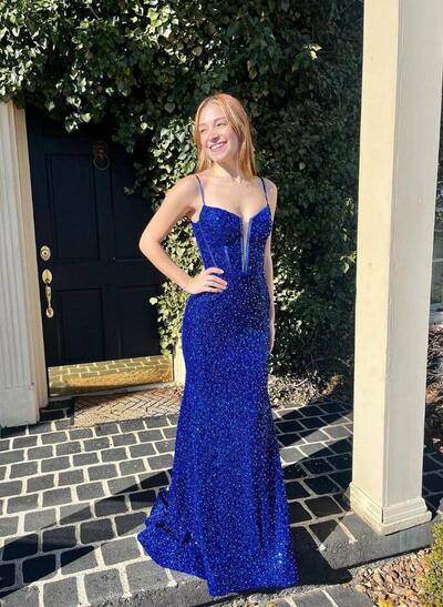 Charming Straps Royal Blue Sequins Long Prom Dresses