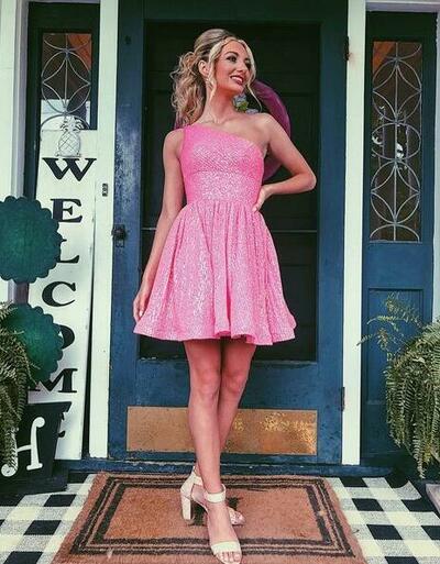 Hot Pink A Line One Shoulder Sequins Short Homecoming Dresses
