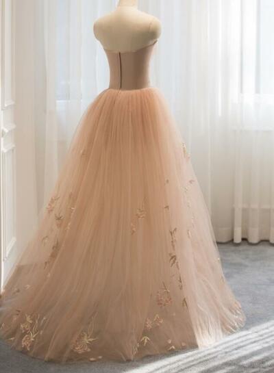 Prom Dresses,champagne Lace Sweetheart Tulle A-line Long Formal Dress