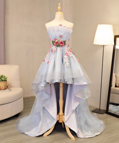Sky Blue Tulle Strapless High Low Flower Applique Back To School Dress, Party Dress