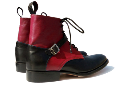 Red Black High Ankle Lace up Rounded Buckle Strap Genuine Leather Handmade Men Boots