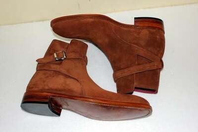 Handmade Men's Tan Bown Suede Leather Jodhpurs Ankle High Strap Boot