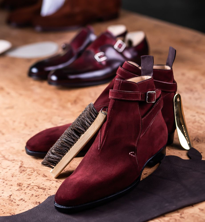 Handmade Men Ankle High Round Strap Crimson Suede Jodhpur Boots