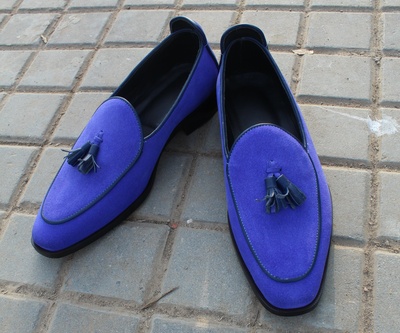 Blue Suede Leather Tassel Men Loafers Dress Shoes
