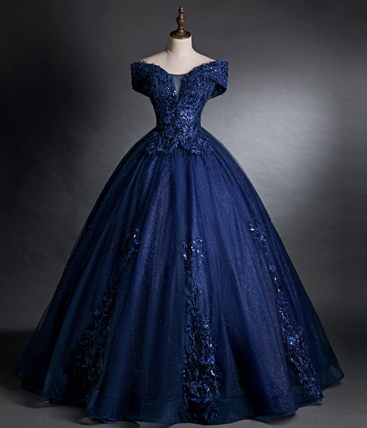 Blue Tulle Lace Long Prom Dress, Blue V-Neck Evening Party Dress