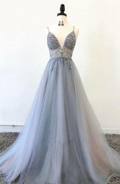 Spghetti Straps Gray Tulle Evening Gowns