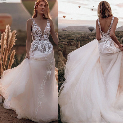 Deep V Neck V Back Wedding Dresses Bridal Gown with appliques Lace