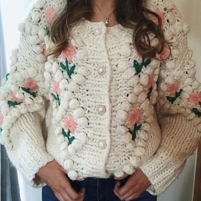 New hand-made floral embroidery twist pearl button sweater, vintage cardigan jacket