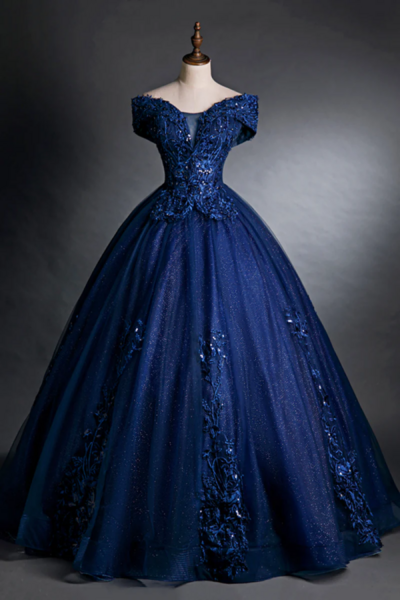 Blue Tulle Lace Long A Line Ball Gown, Off the Shoulder Evening Party Dress KPP1561