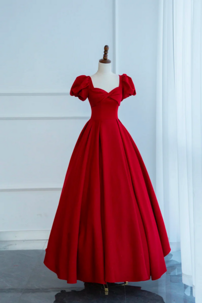 Dark Red Short Sleeve Long Prom Dress, Beautiful A Line Evening Party Dress KPP1562