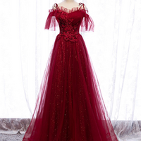 Burgundy Sweetheart Tulle Lace Long Prom Dress Burgundy Formal Dress - Thumbnail 1