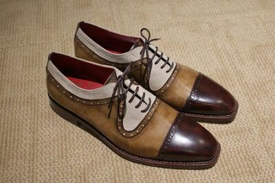 Handmade Twotone Oxfords Cap Toe Shoes Men's Lace Up Formal Shoes