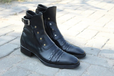 Jo Ghost Italian Black Calf Leather Combat Jodhpur Buckle Boot with Zipper and Button