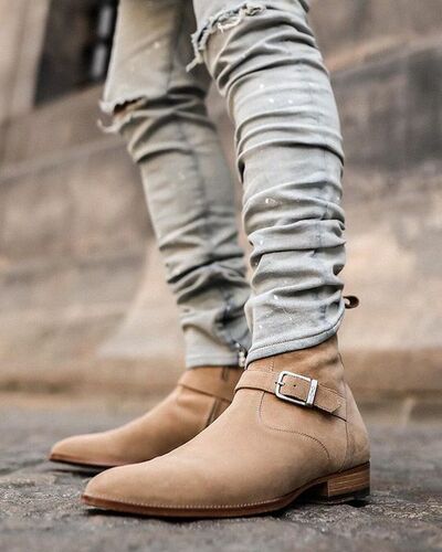 Men's Handmade Beige Ankle High Suede Stylish Side Zipper Jodhpurs Buckle Boot