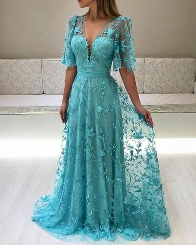 Blue Lace Sleeveless Short Sleeve Mother of the Bride /Groom Dresses Evening Formal Dress