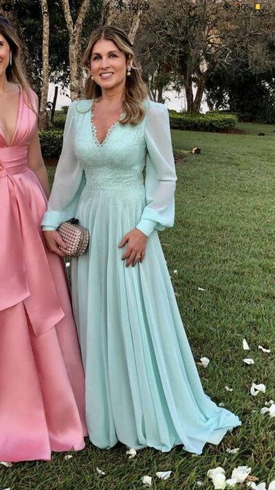 Eleghant Mint Green Chiffon Long Sleeve Sheath Mother of the Bride /Groom Dresses Evening Formal Dress