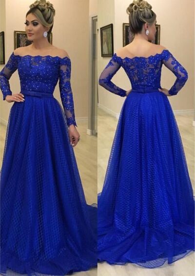 Royal Blue Sheath Lace Long Sleeve Mother of the Bride /Groom Dresses Evening Formal Dress