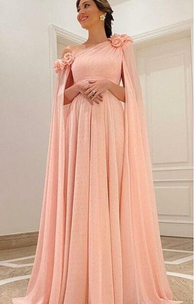 Coral A Line Chiffon One Shoulder Handmade Flower Mother of the Bride /Groom Dresses Evening Formal Dress