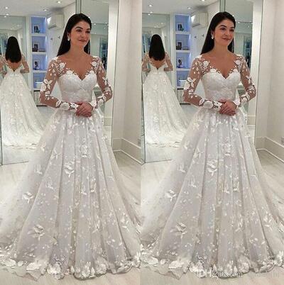 Wedding Dress White Lace Long Dress Deep V-neck Long Mesh Lace Sleeve A-line Pleated Floor-length Dresses