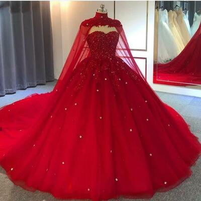 Dubai Muslim Red Wedding Dresses Beading Crystals Plus Size Bridal Gowns With Cape Gorgeous Brides Marriage Dresses Custom