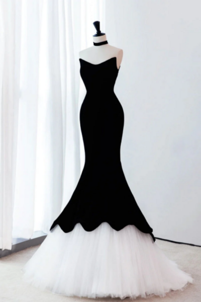Black/White Velvet Mermaid Long Prom Dress, Black Formal Evening Dress KPP1565