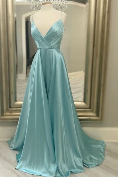 A-line Straps Pool Blue Satin Long Prom Dress
