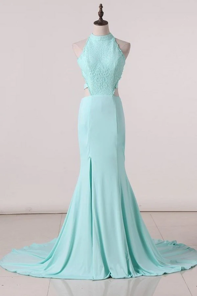 Sexy Round Neck Lace Satin Mermaid Prom Dresses